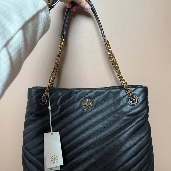 Tory Burch Kira Chevron Tote Bag Black Leather & Gold Hardware NWT - Picture 3 of 12